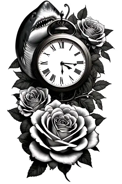 sharks clock roses intertwined tattoo design idea