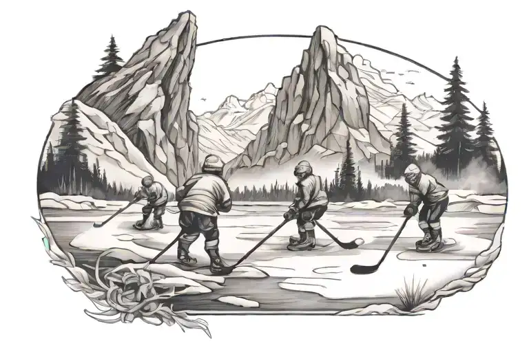 pond hockey with mountains In tattoo design idea