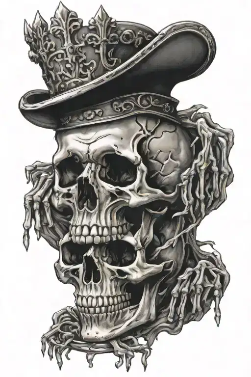 Skeleton with crown falling down, three hands with full flesh touching skeleton  tattoo design idea