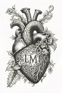 a realistic heart with the initials L, M, C, L inside with the cloister black font tattoo design idea