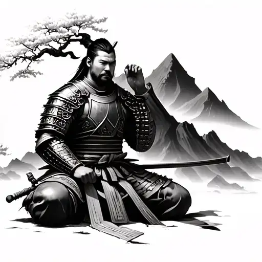 realistic samurai in armor kneeling and mediating with mountains and cherry tree in background tattoo in black and grey  tattoo design idea