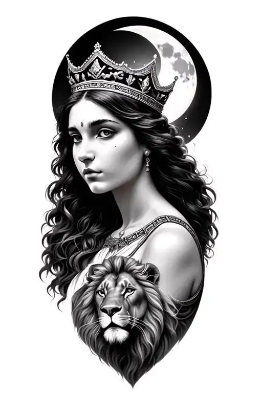 black & grey realism Leto greek goddess of motherhood wearing crown with moon and lion tattoo design idea