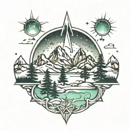 trees mountains north star northern lights turned tattoo design idea