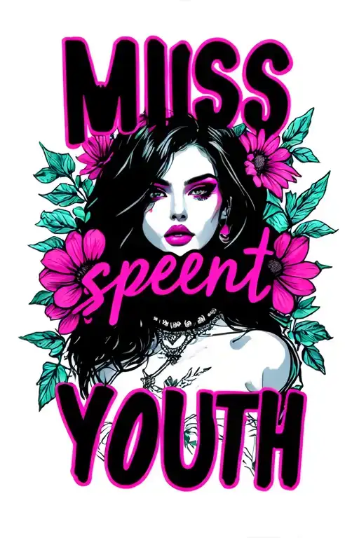 "Miss spent youth" "Miss spent youth" sexy woman flowers geometric futuristic unmasking blacks neon colours full coverage  tattoo design idea