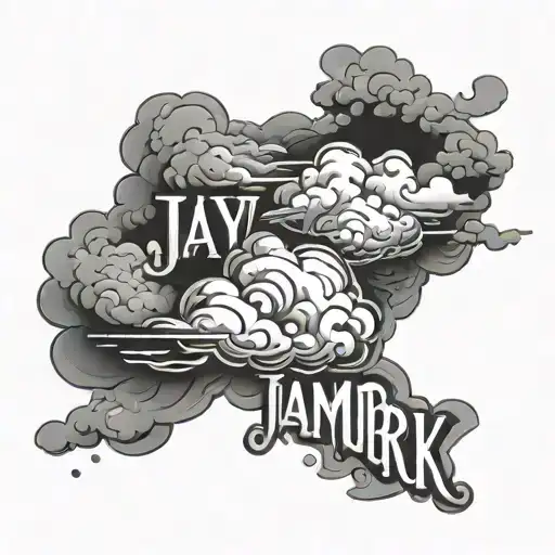 Clouds forming into the name JayMurk, lettering complemented tattoo design idea