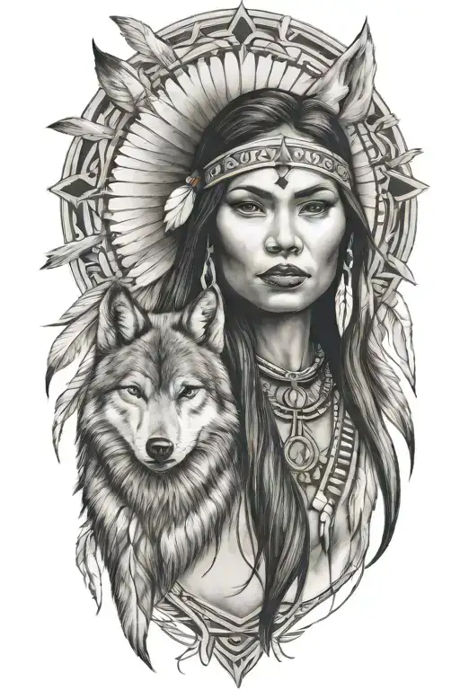 native American women wolf tattoo design idea
