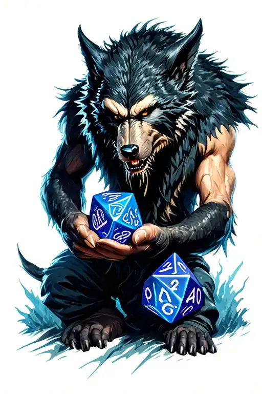 Werewolf holding D20 dice tattoo design idea