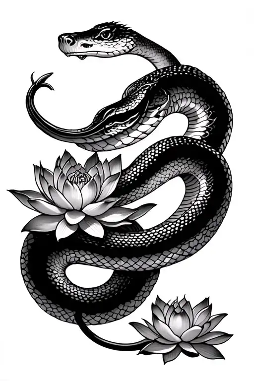 Snake wrapped around lotus flowers tattoo design idea