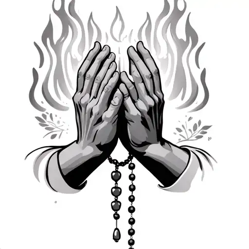 two burning candeles on iether side of praying hands with rosary tattoo design idea