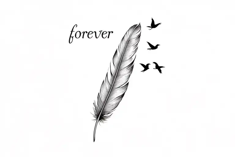 Thin feather, on end of feather 3 birds small and not real, on top of feather in thin calligraphic text word "forever" tattoo design idea