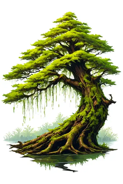 bald cypress knee with moss covered tree tattoo design idea