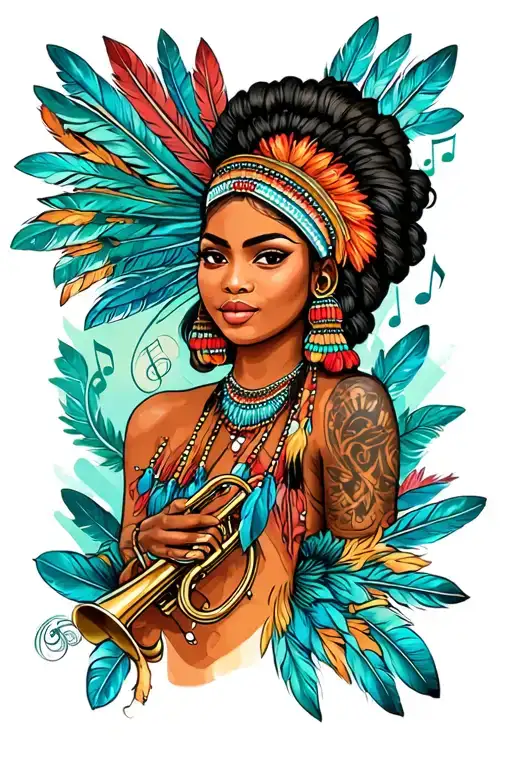  african indian woman new orleans style with lots of feathers and trumpet and music notes and drums tattoo design idea