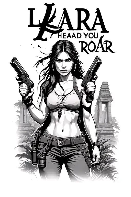 "Lara I heard you ROAR" Lara Croft holding dual pistols in front of ancient jungle temples. tattoo design idea