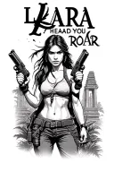 "Lara I heard you ROAR" Lara Croft holding dual pistols in front of ancient jungle temples. tattoo design idea