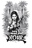 "Lara I heard you ROAR" Lara Croft holding dual pistols in front of ancient jungle temples. tattoo design idea