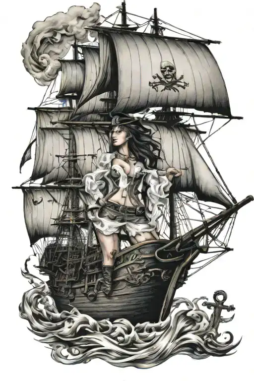 nude female pirate ship sailing tattoo design idea