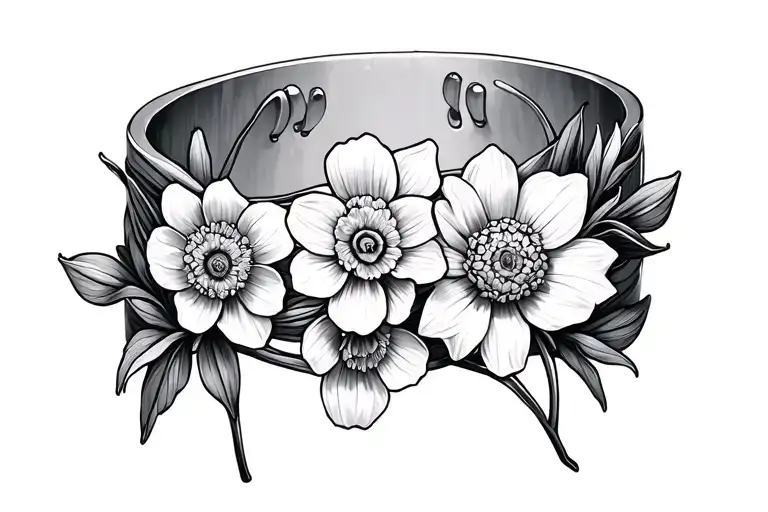 Bracelet with goatfolious flowers, narcissus, snow pierce, aster tattoo design idea