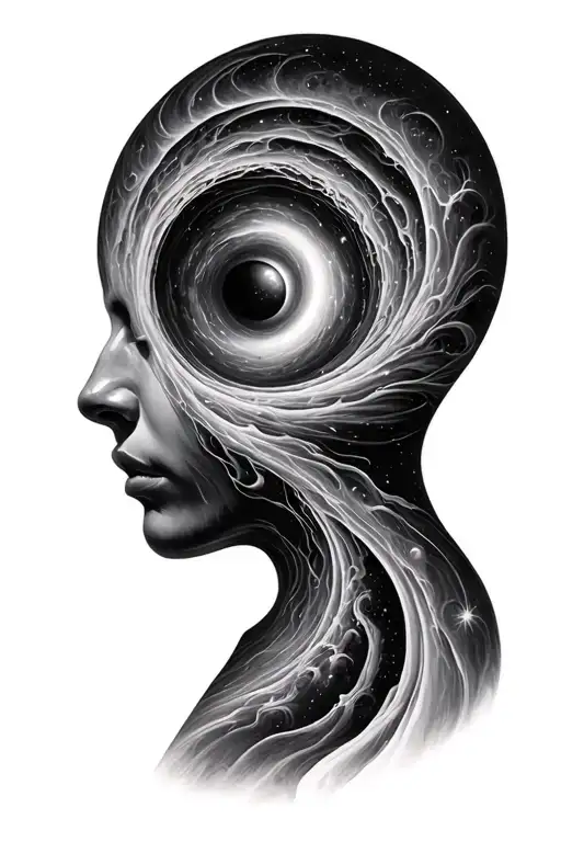 Black hole, space, consciousness, The human body, soul, Spirals, 3D tattoo design idea