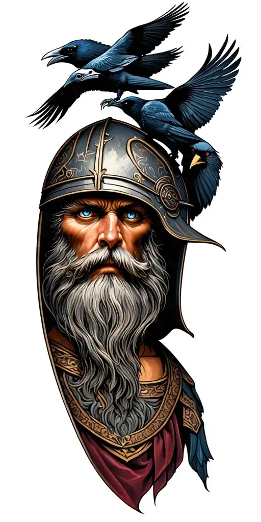 A portrait of Odin with one eye, wearing a helmet, on the forearm.Above him — two ravens: Huginn and Muninn (Thought a tattoo design idea
