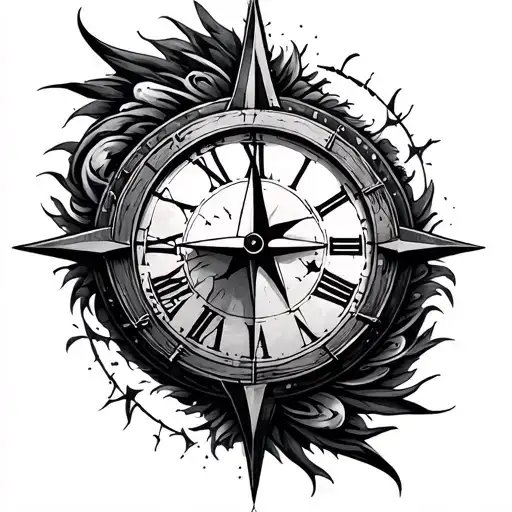 Half Clock with distorted Half Compass tattoo design idea
