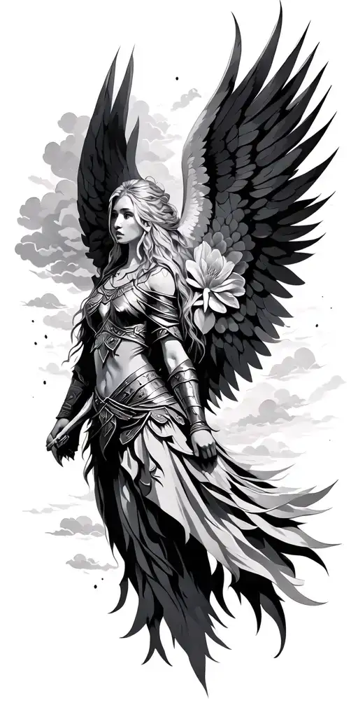 Meaningful warrior angel, Norse Valkyrie, clouds, rays, floral tattoo design idea