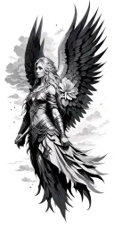 Meaningful warrior angel, Norse Valkyrie, clouds, rays, floral tattoo design idea