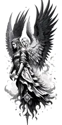 Meaningful warrior angel, Norse Valkyrie, clouds, rays, floral tattoo design idea