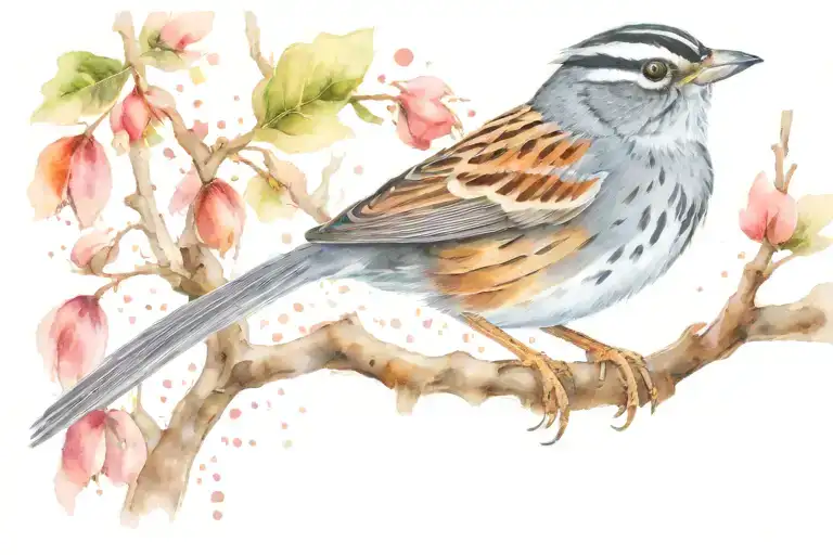 white-throated sparrow perched on a tree branch, the tree branch has rain drops falling from it tattoo design idea
