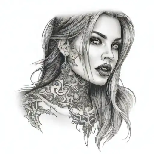 a girl with long hair and a tattoo on her face, vampire teeth and beautiful eyes. tattoo design idea