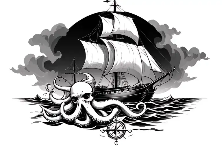 storm, octopus, pirate ship, anchor, compass tattoo design idea