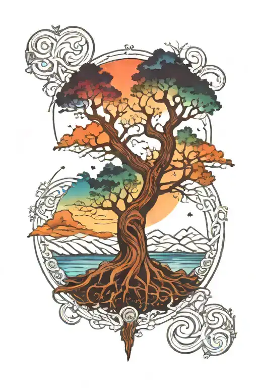 Norse tree of life origin aurora borealis tattoo design idea