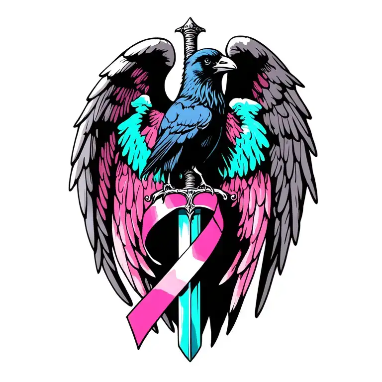 Angel wings behind a sword with a raven on top with pink and teal cancer ribbon tattoo design idea