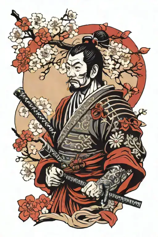 samurai warrior next to cherry blossom tree tattoo design idea