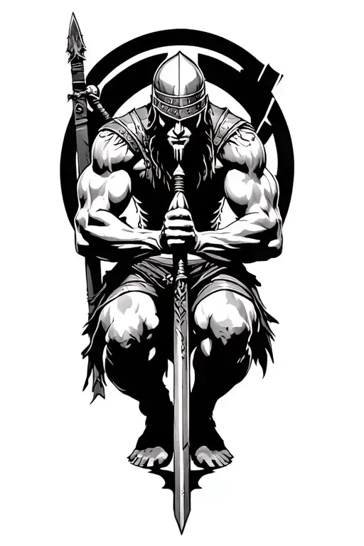 Side profile, Spartin warrior on one knee while praying with weapon by side before battle. tattoo design idea