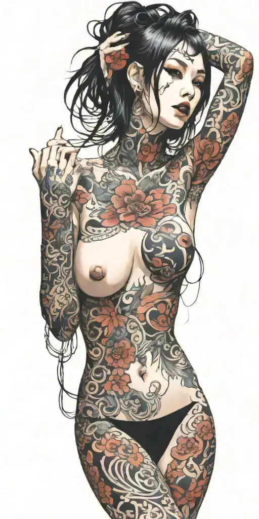 darkly alluring full nude goth girl rocking out tattoo design idea