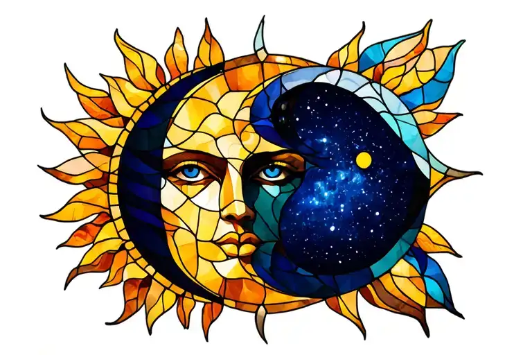 Stained Glass SUN and moon alchemy tattoo design idea