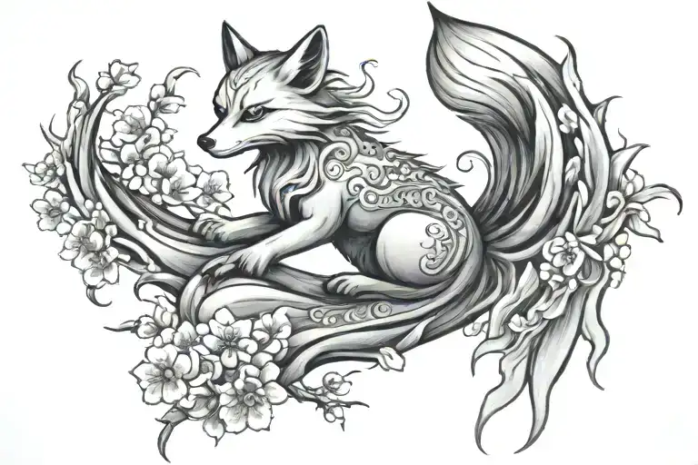 nine tailed fox with cherry blossom tree tattoo design idea