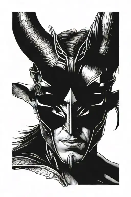 Loki Norse God, mouth sewn with thread, hand shows be quiet on a mouth, lord of fire, lies master, all face deformed by  tattoo design idea