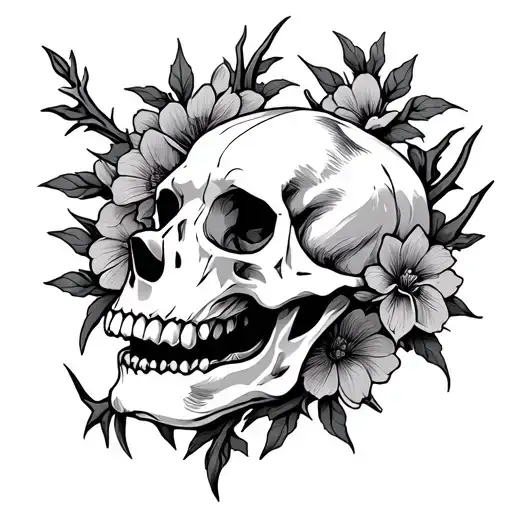 canine skull with thorns and flowers intertwined tattoo design idea