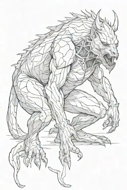 Humanoid beast squating on the ground eating its heart. The creature is primal and hunched over.  tattoo design idea