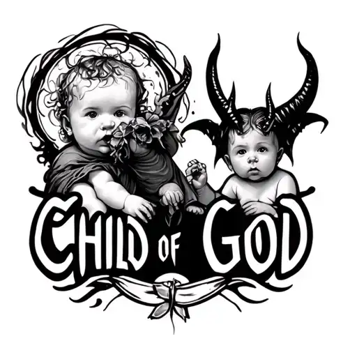 the words child of god and a baby with devil horns and jusse tattoo design idea
