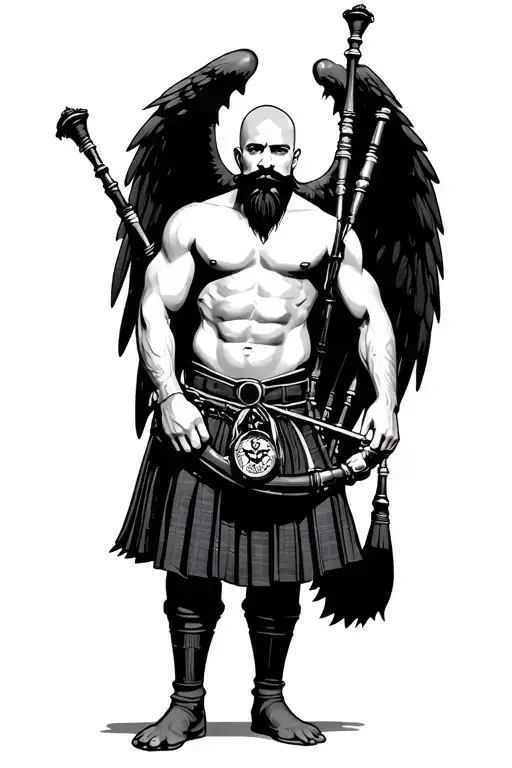 bagpipes in left arm bald shirtless muscular bagpiper black beard with two huge black wings  tattoo design idea