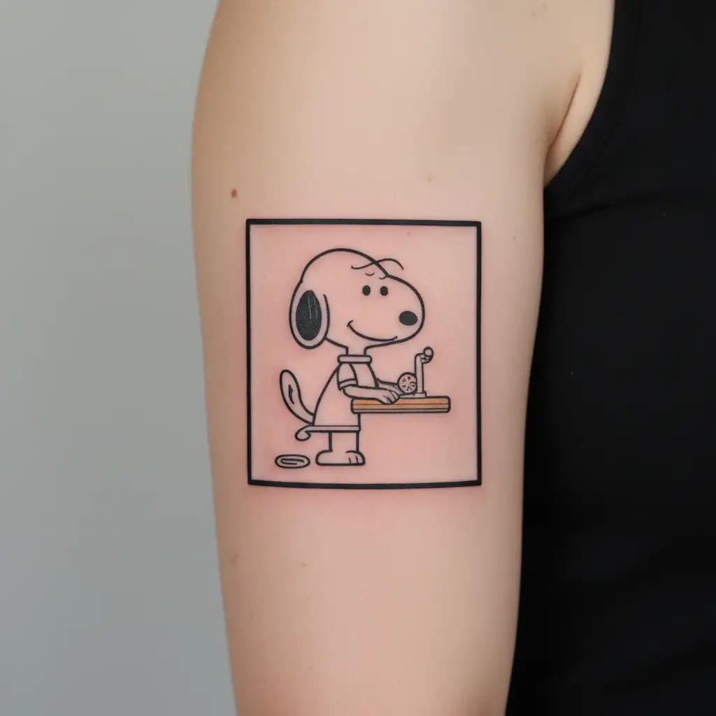 snoopy sewing a dress tattoo design idea