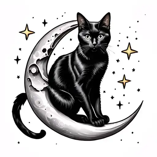 black cat on a moon surrounded by stars tattoo design idea