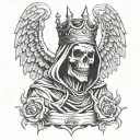grim reaper with a bleeding crown and one wing wrapped around him and thw other one int the air above his head  tattoo design idea