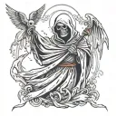 grim reaper with a bleeding crown and one wing wrapped around him and thw other one int the air above his head  tattoo design idea