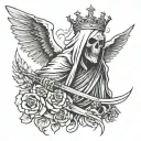 grim reaper with a bleeding crown and one wing wrapped around him and thw other one int the air above his head  tattoo design idea