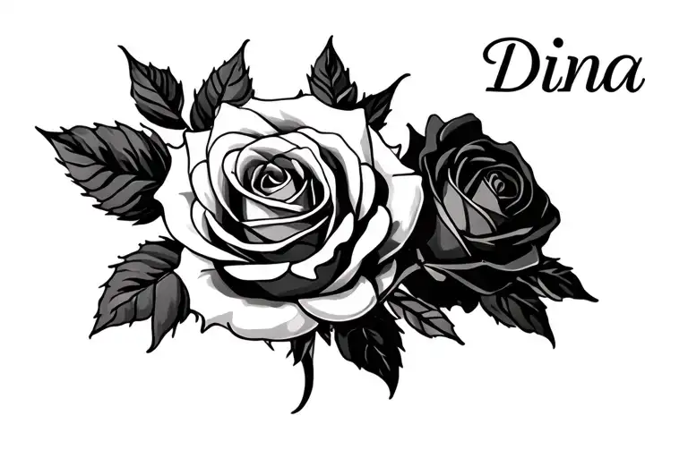 Roses with the name "DINA" in cursive on the right side of the roses tattoo design idea