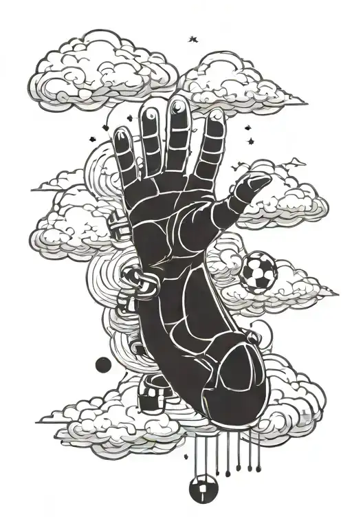gods hands reaching through clouds holding a small soccer cleat tattoo design idea