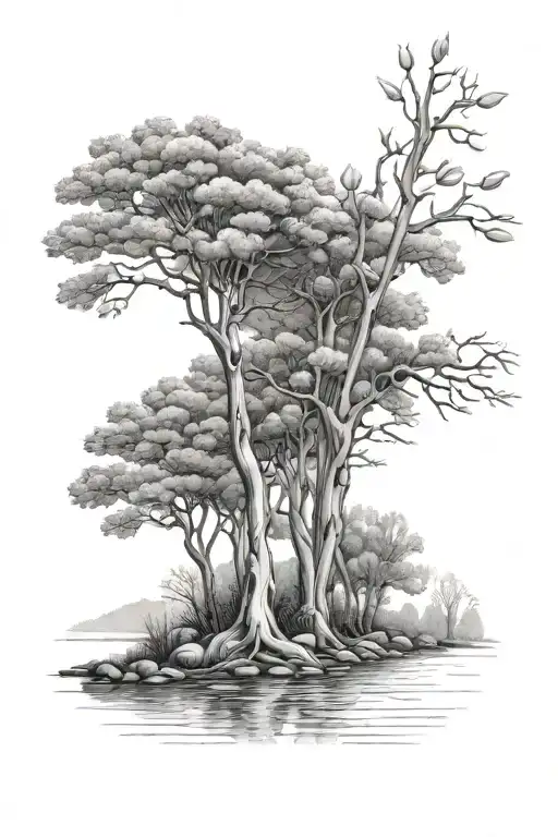 tulip poplar trees on hills next to a river flowing tattoo design idea